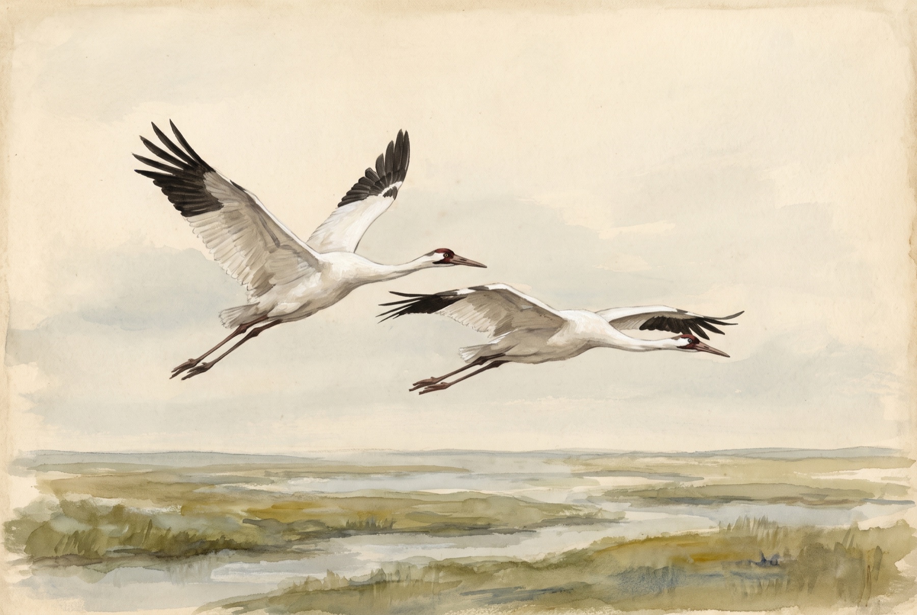 Original watercolor illustration of two whooping cranes in flight